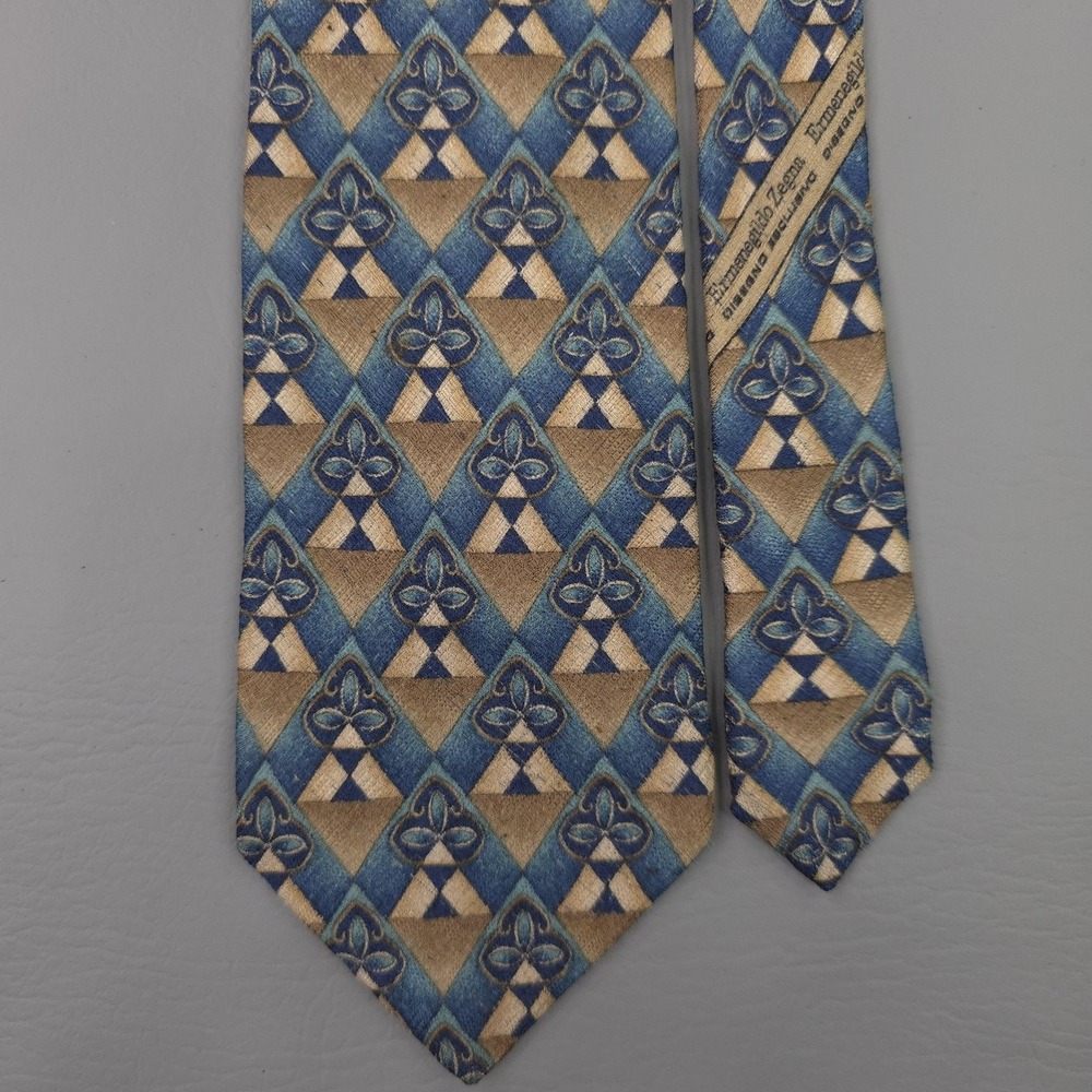 Ermenegildo Zegna Tie Mens One Size Blue Silk Geometric Jacquard Made Italy